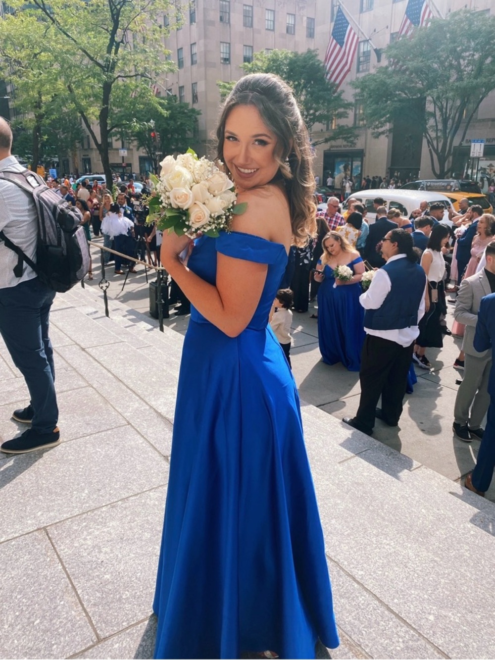 David's Bridal Off-the-Shoulder Cobalt Blue Maxi Dress